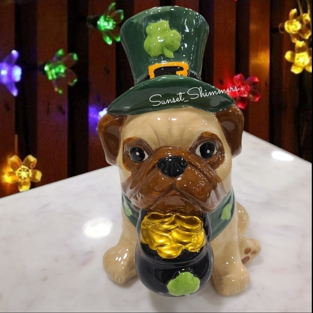 St Patricks Day Pug Dog Pot of Gold lucky Shamrock Ceramic Figure Statue Decor